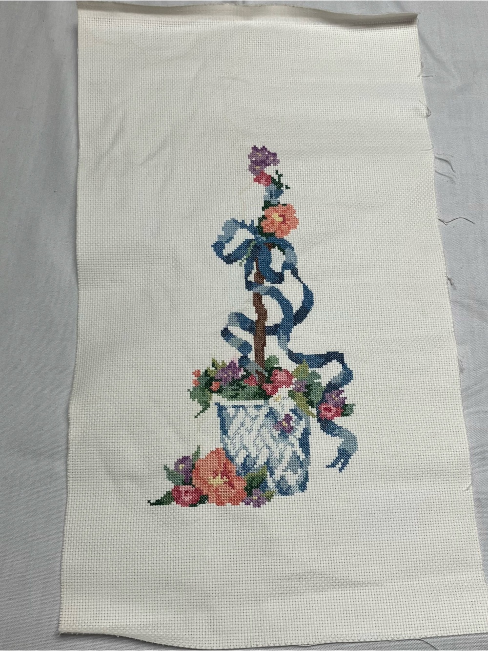 Finished Cross Stitch Flower Basket Unframed VTG Cottage Granny core